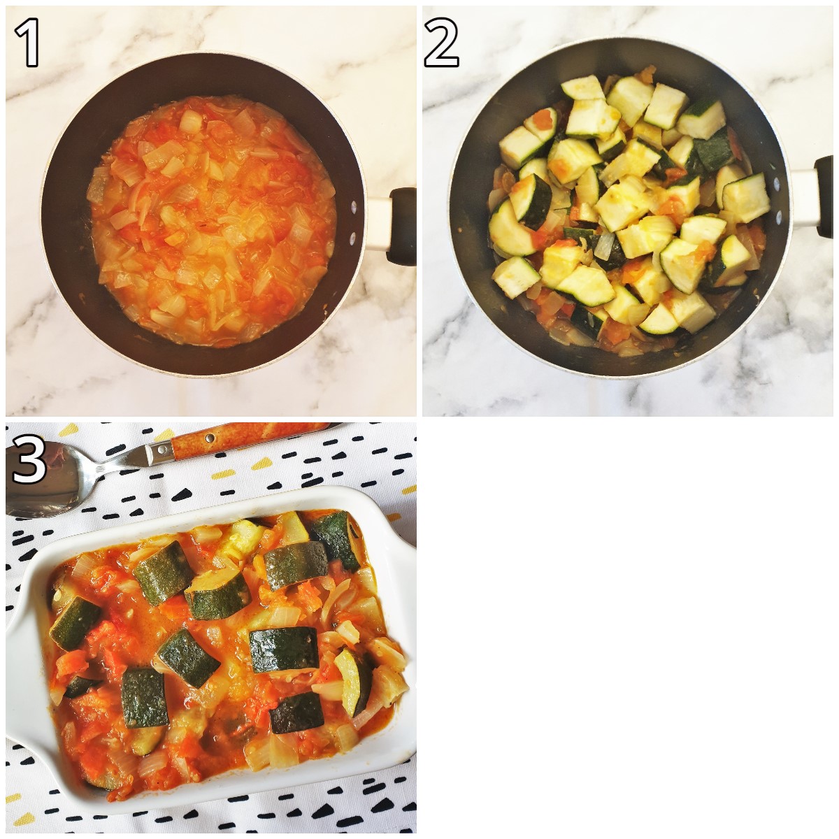 Steps for making baby marrows with tomato and onions.