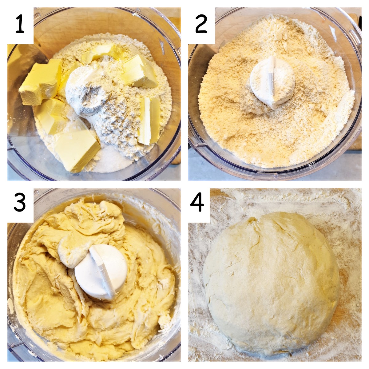 Collage of 4 images showing steps for making pasty.