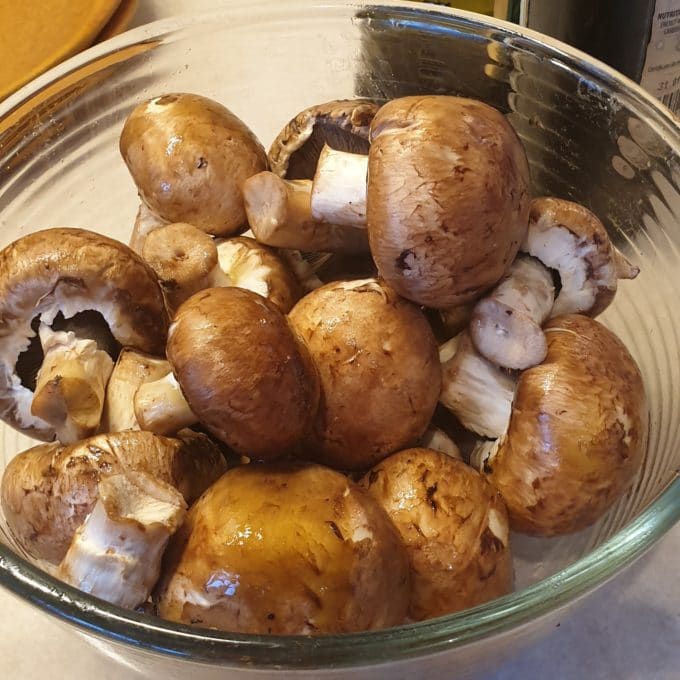 Mushrooms soaked in balsamic vinegar - ready to be air-fried