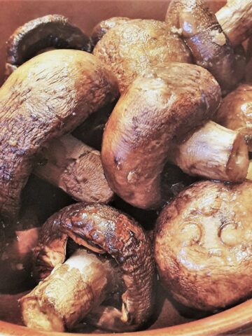 A dish of air-fried balsamic mushrooms.