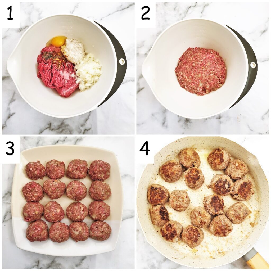 Steps for mixing and shaping the meatballs.