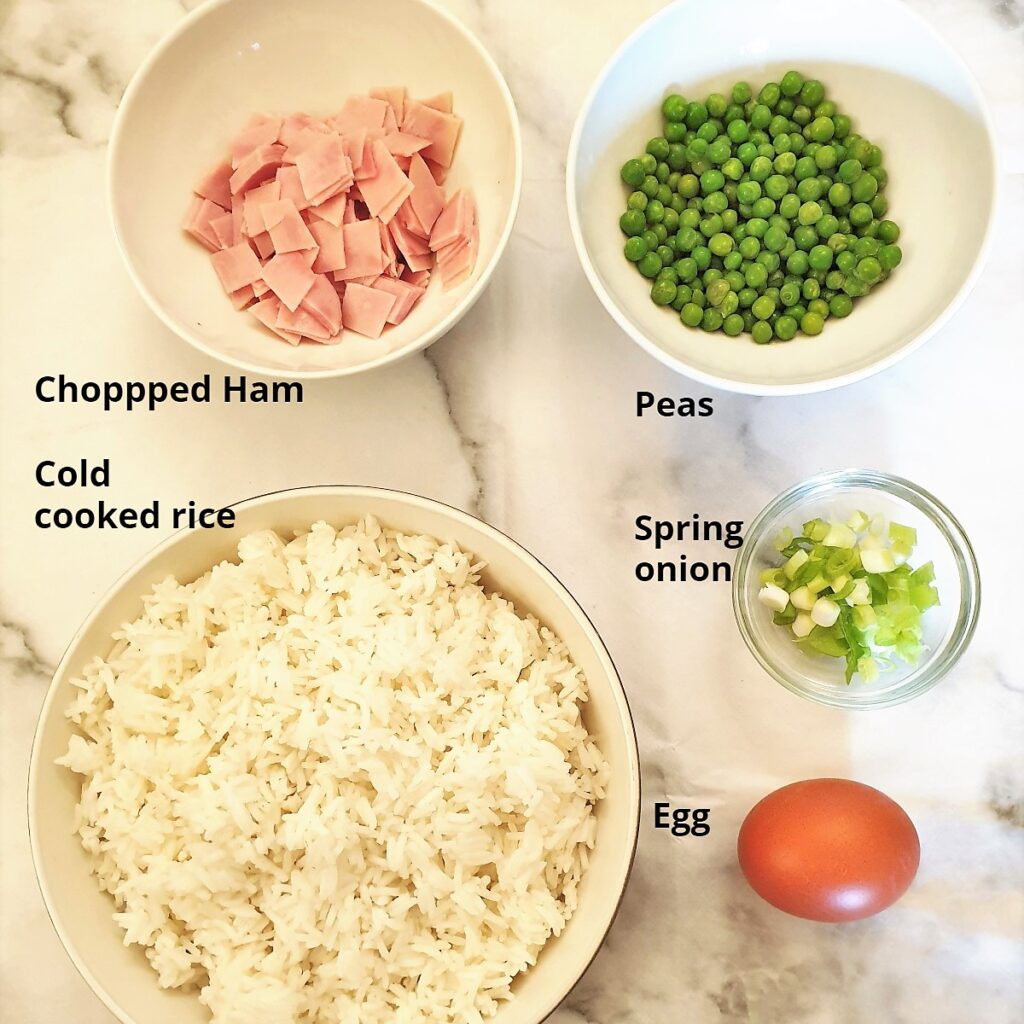 Ingredients for egg fried rice.