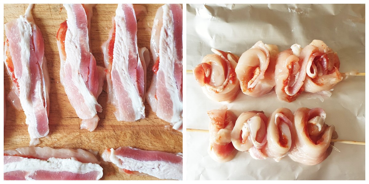 Two images showing how to roll and skewer the chicken.