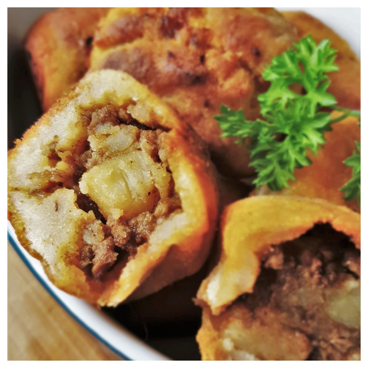 Close up of the inside of a curried dough ball.