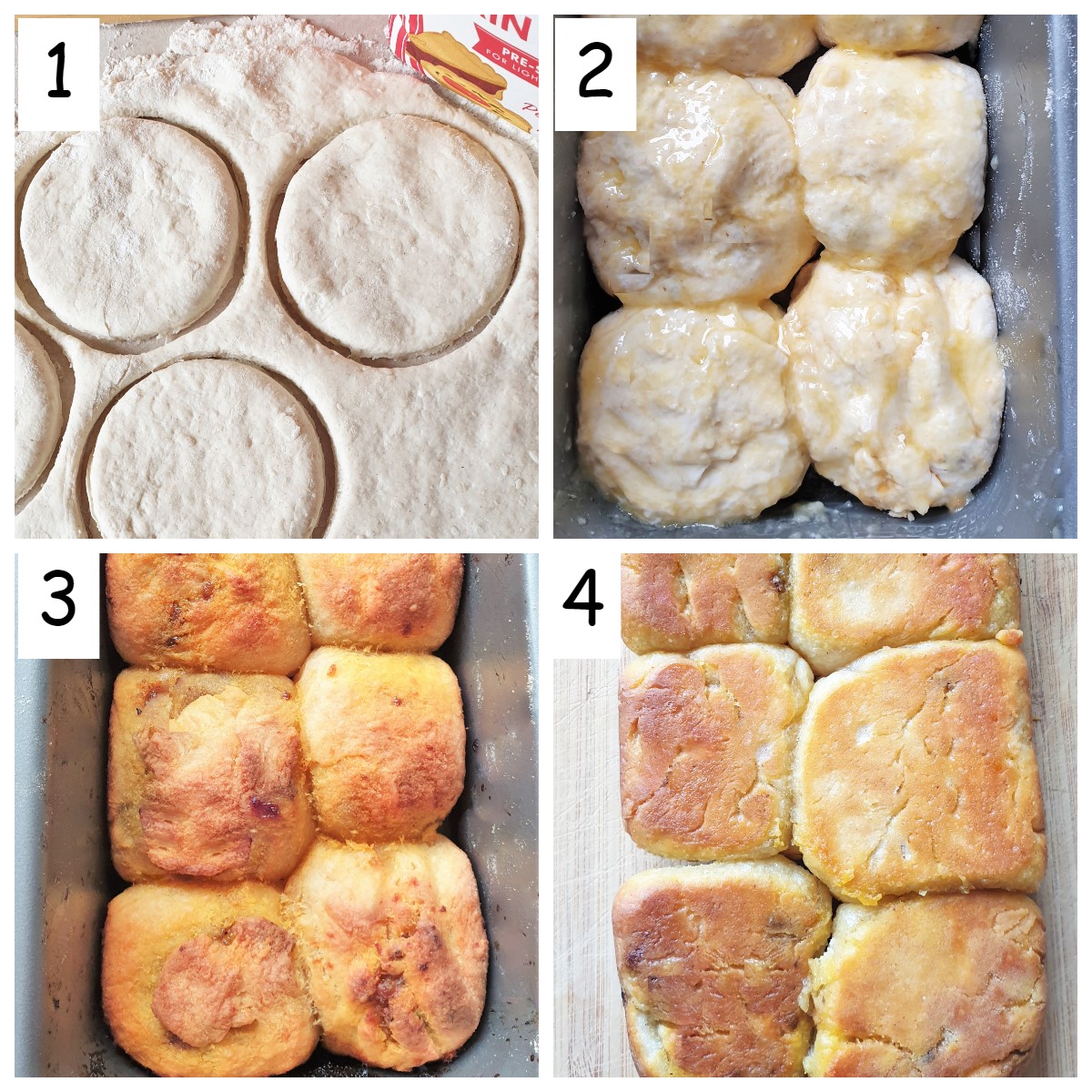 Collage of 4 images showing how to bake the dough balls.