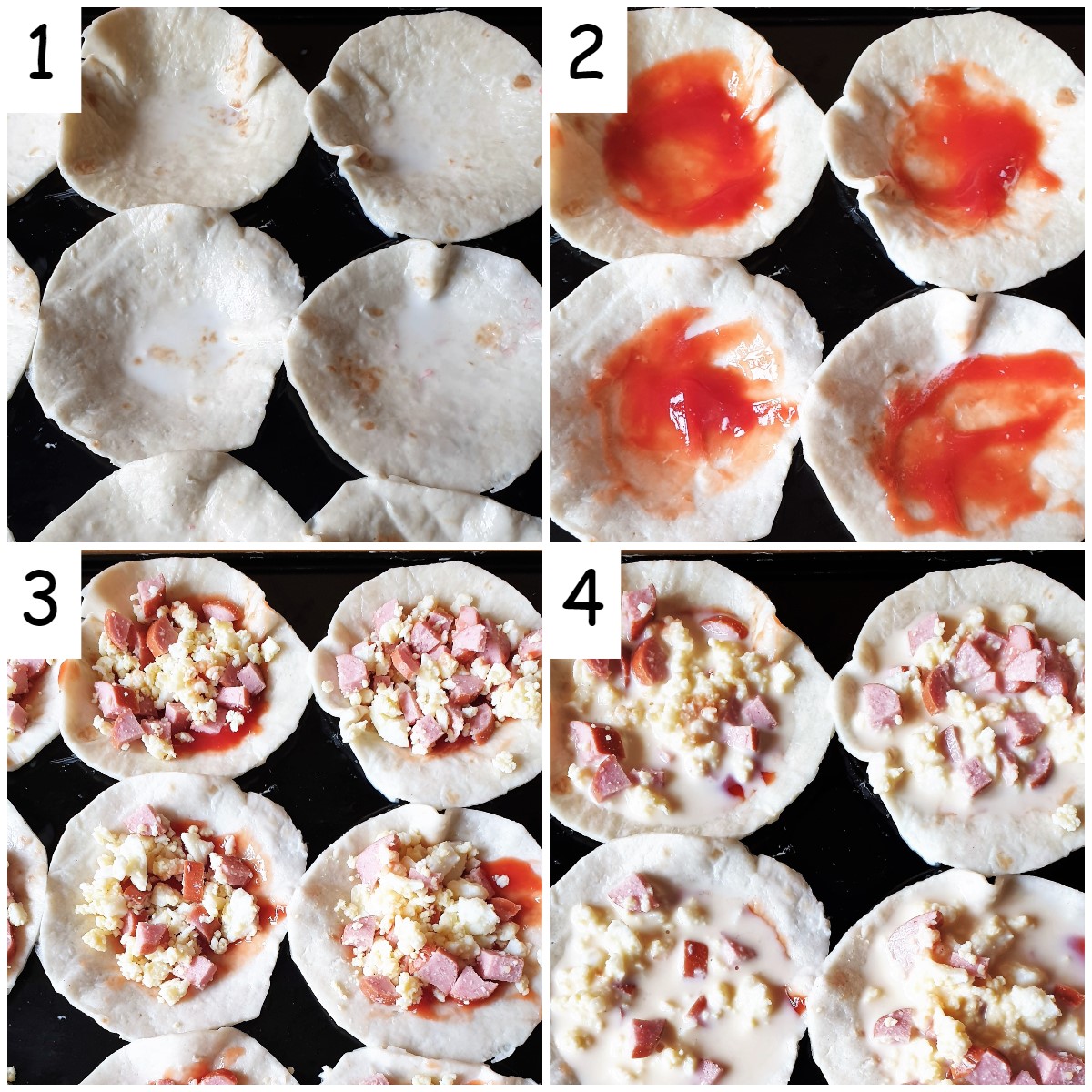 Steps showing how to to assemble the eggy cheesy things.