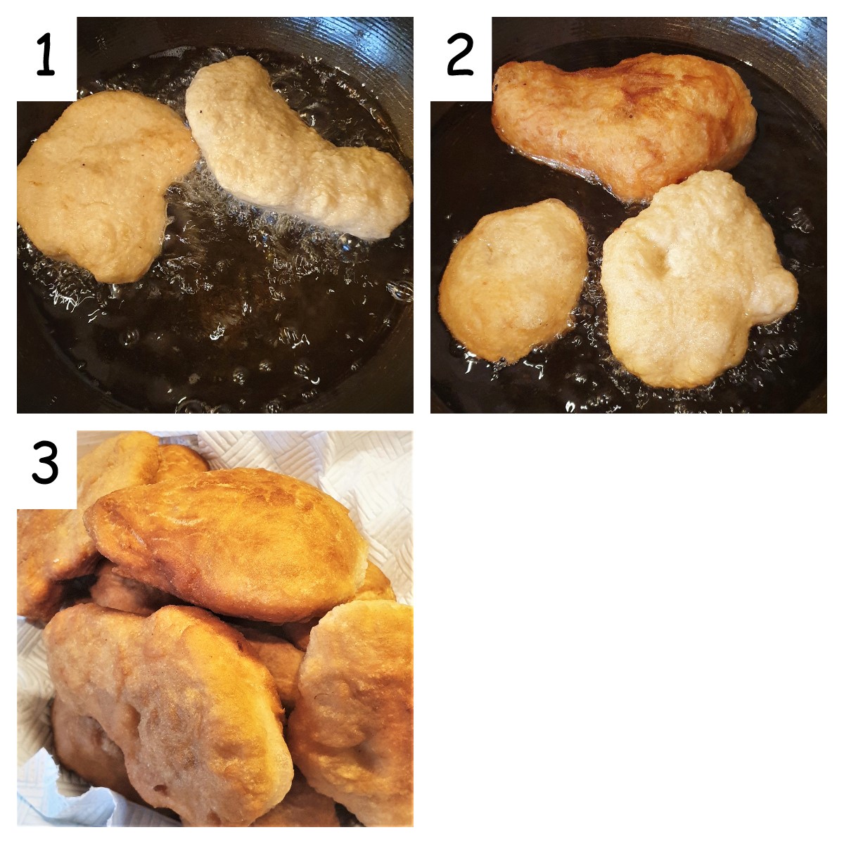 Collage, showing vetkoek being fried.