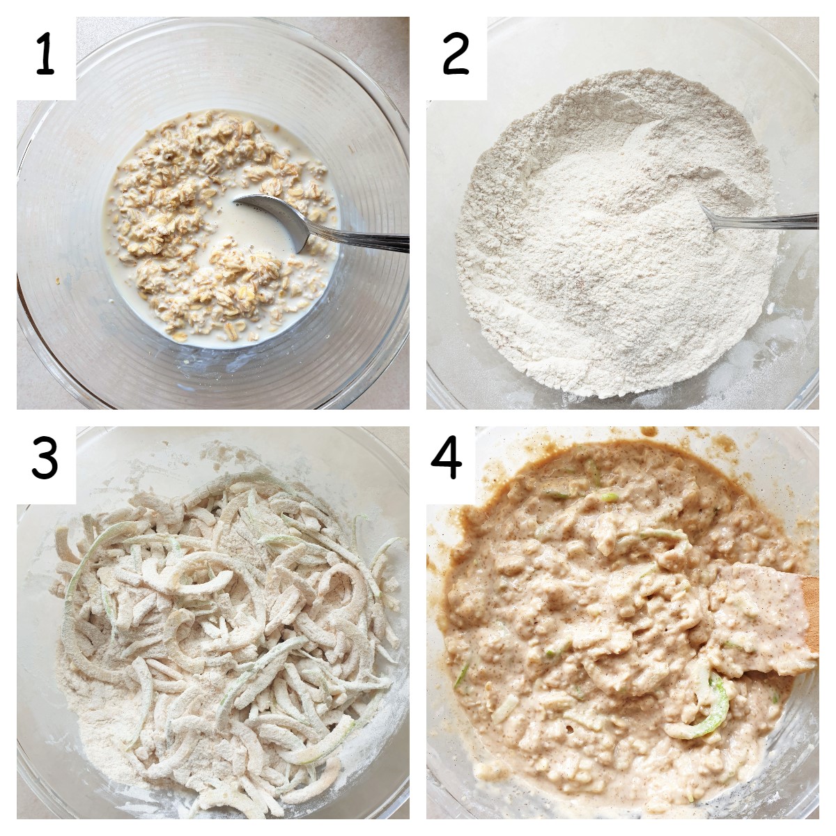 Collage of 4 images showing steps for mixing apple and oat muffins.