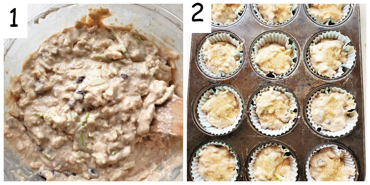 2 images showing a baking sheet with apple and oat muffins before being baked.