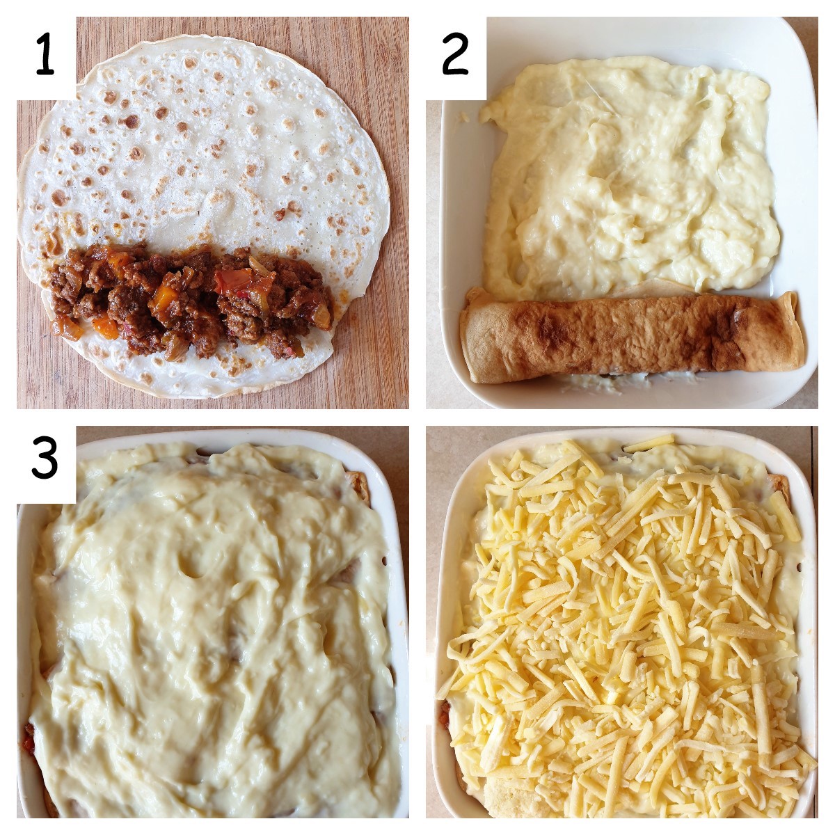 Collage showing how to assemble the crepe cannelloni bake.