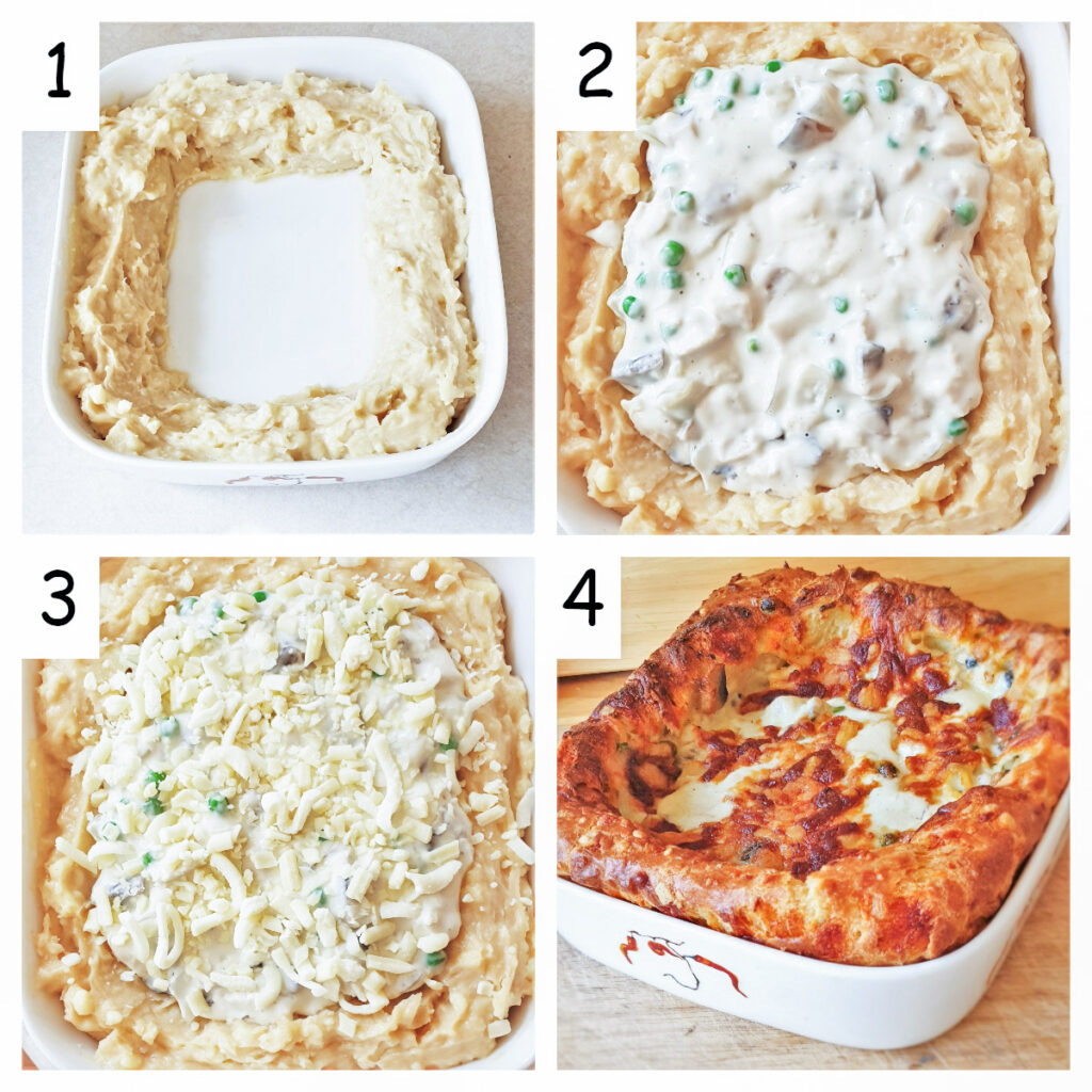 Steps for assembling the chicken nd mushroom gougere pie.