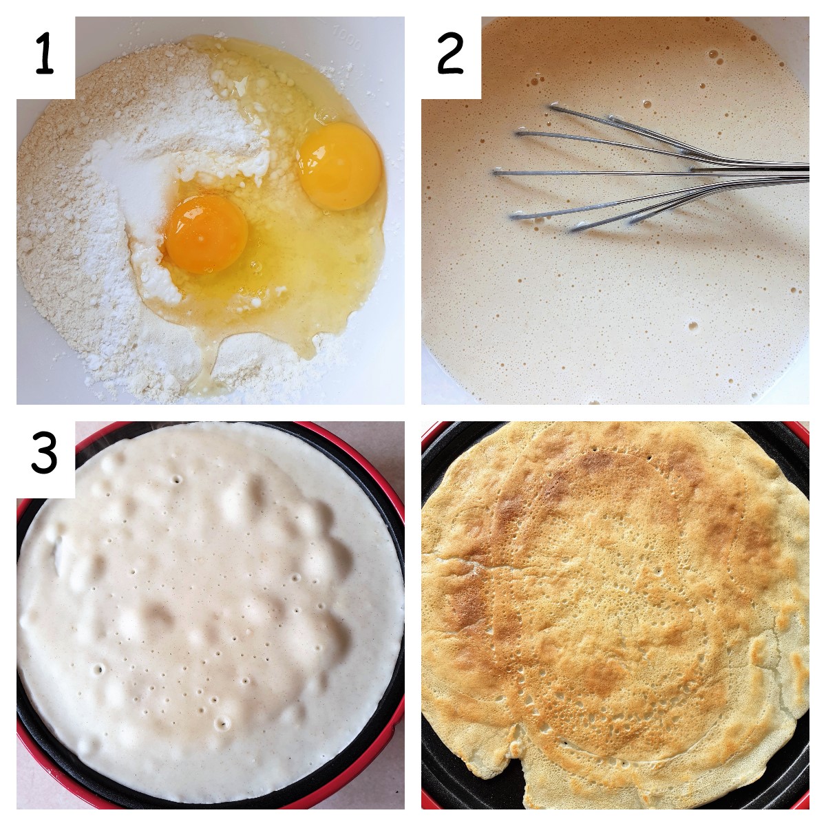 Collage showing steps for making crepes