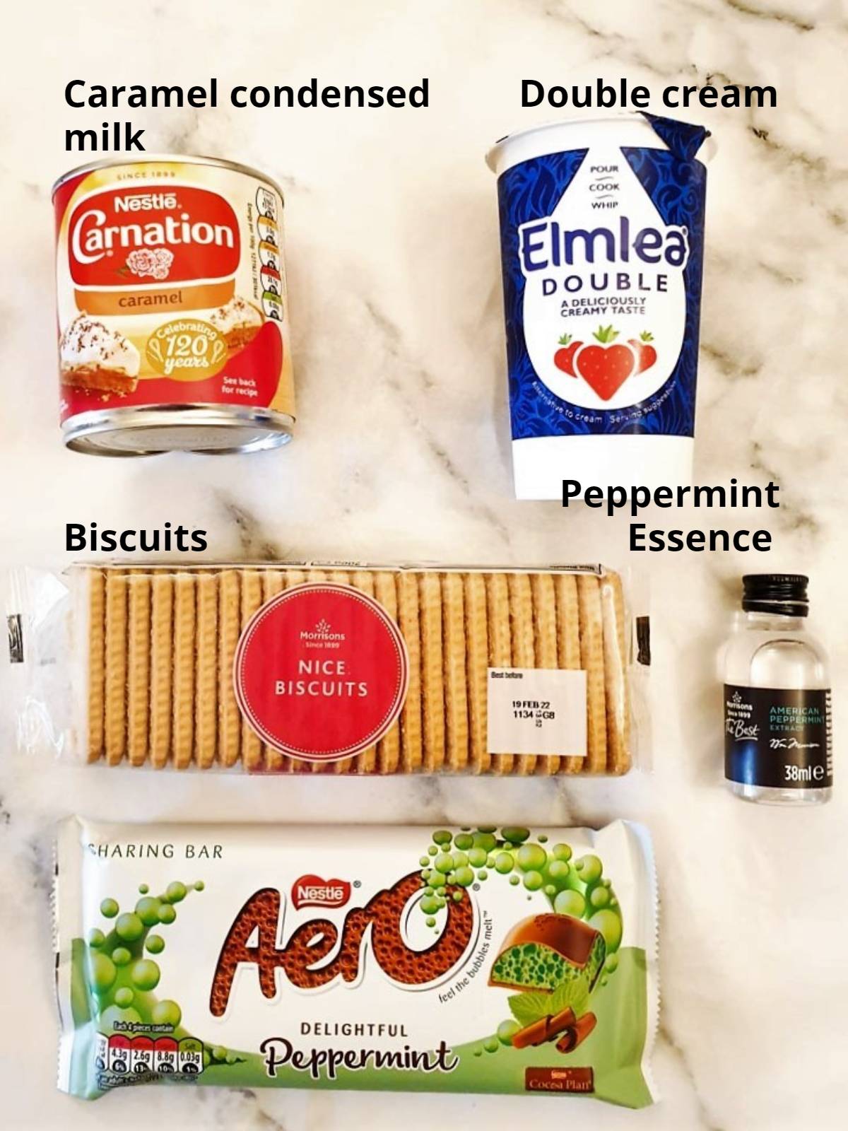 Ingredients for peppermint crisp fridge tart.