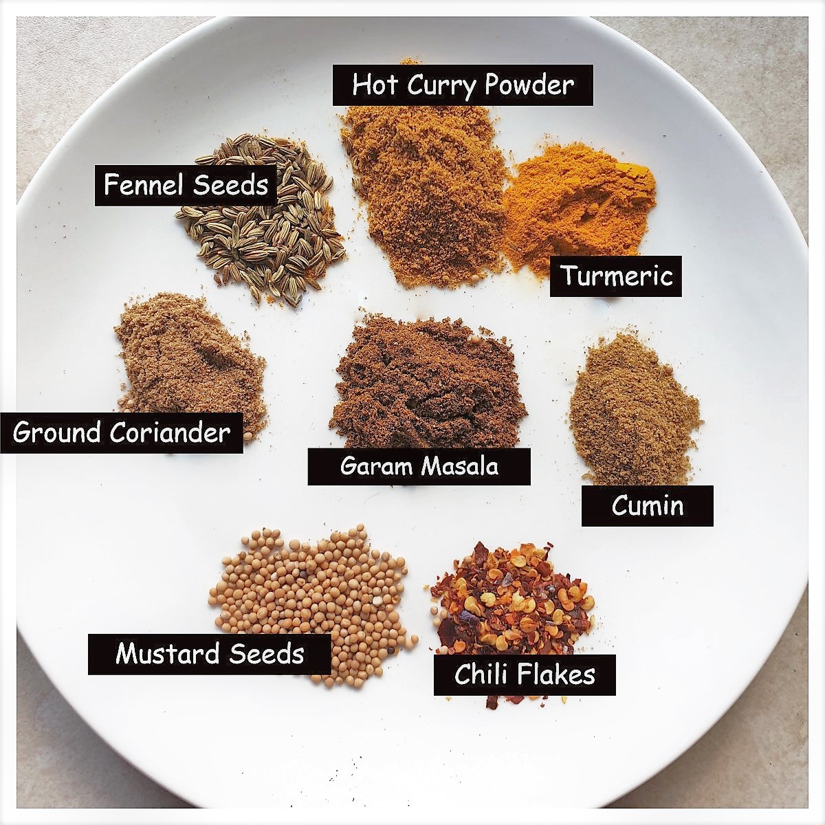 A plate of spices for easy lamb curry.