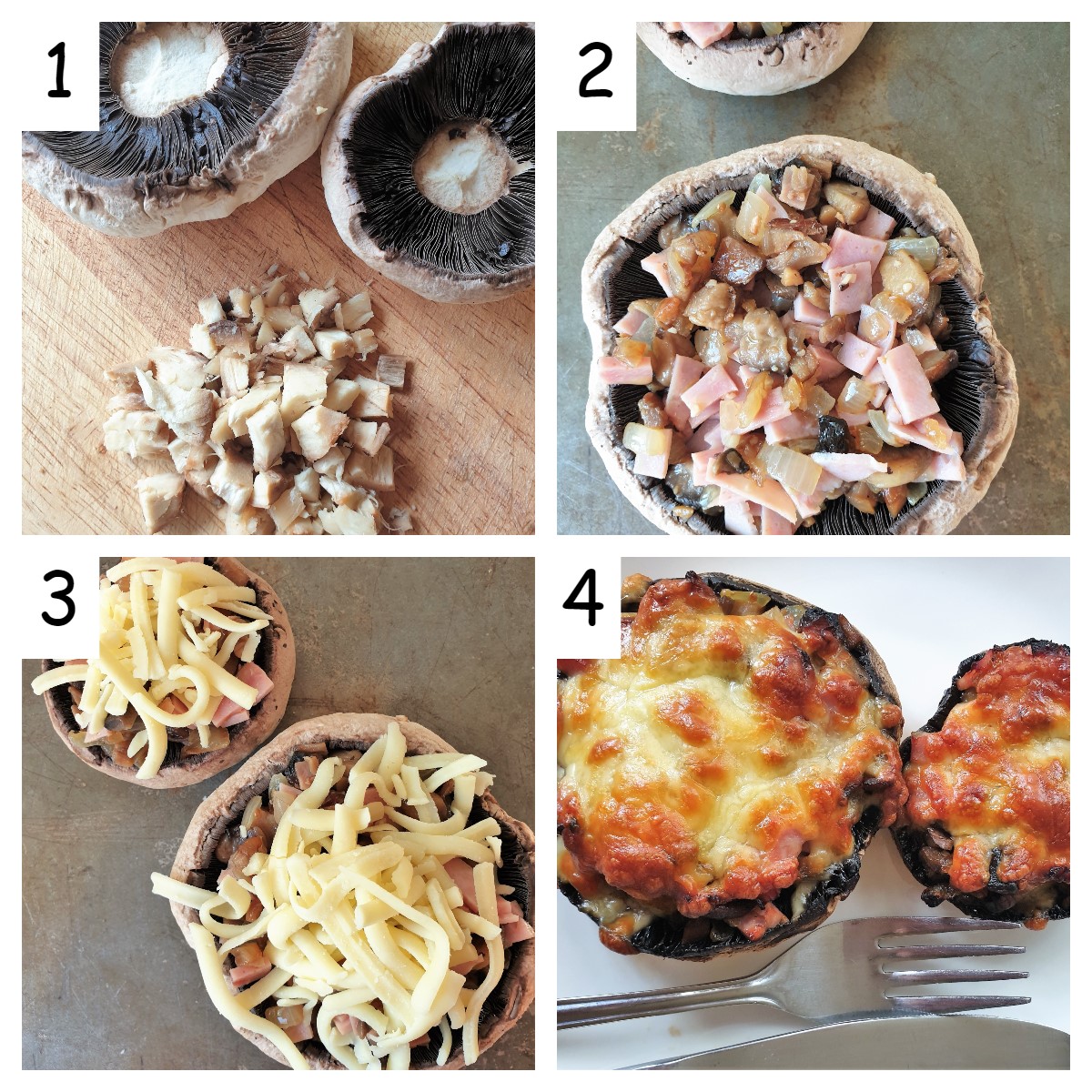 Collage of 4 images showing the steps for stuffing a mushroom.