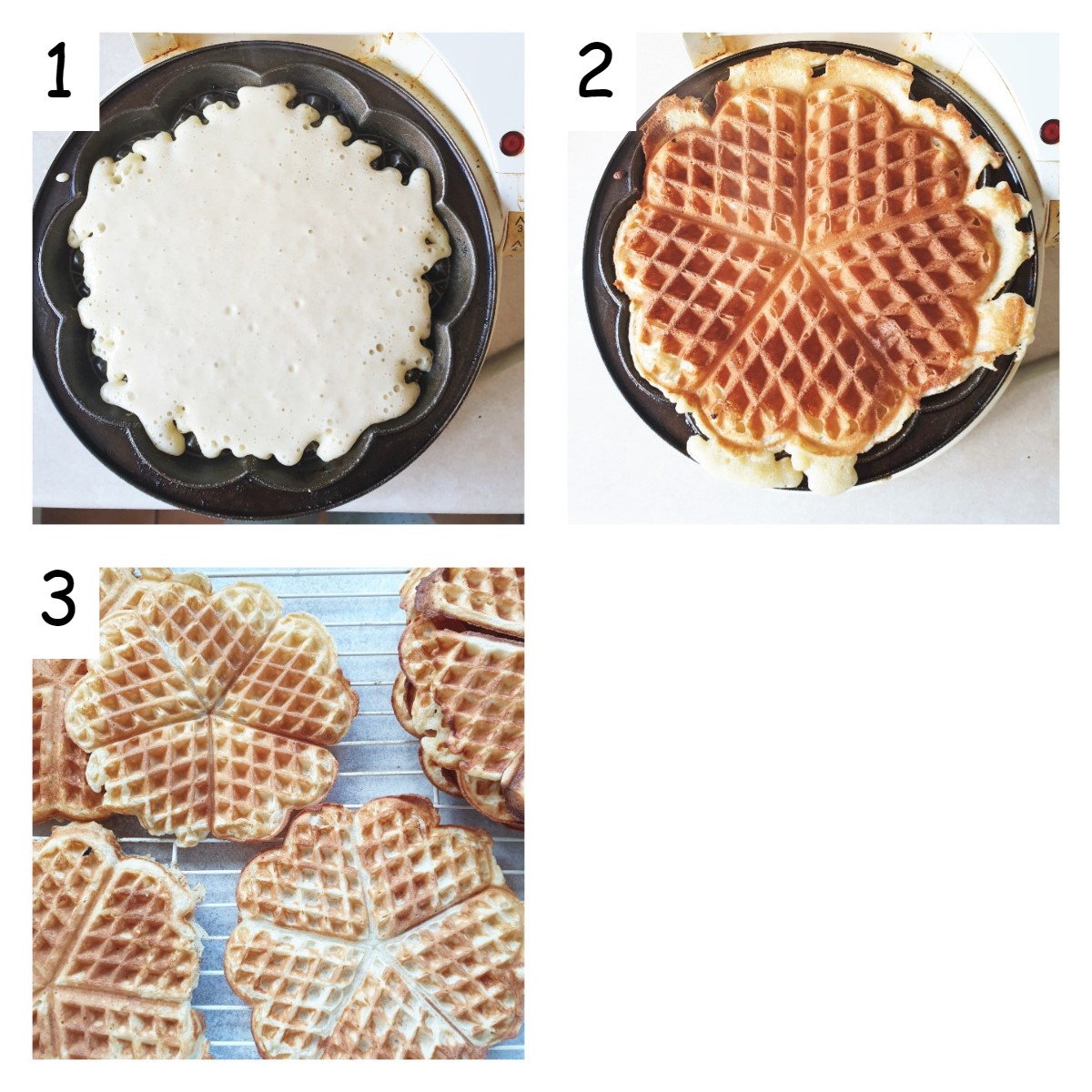 Collage of 3 images showing how to fry waffles.