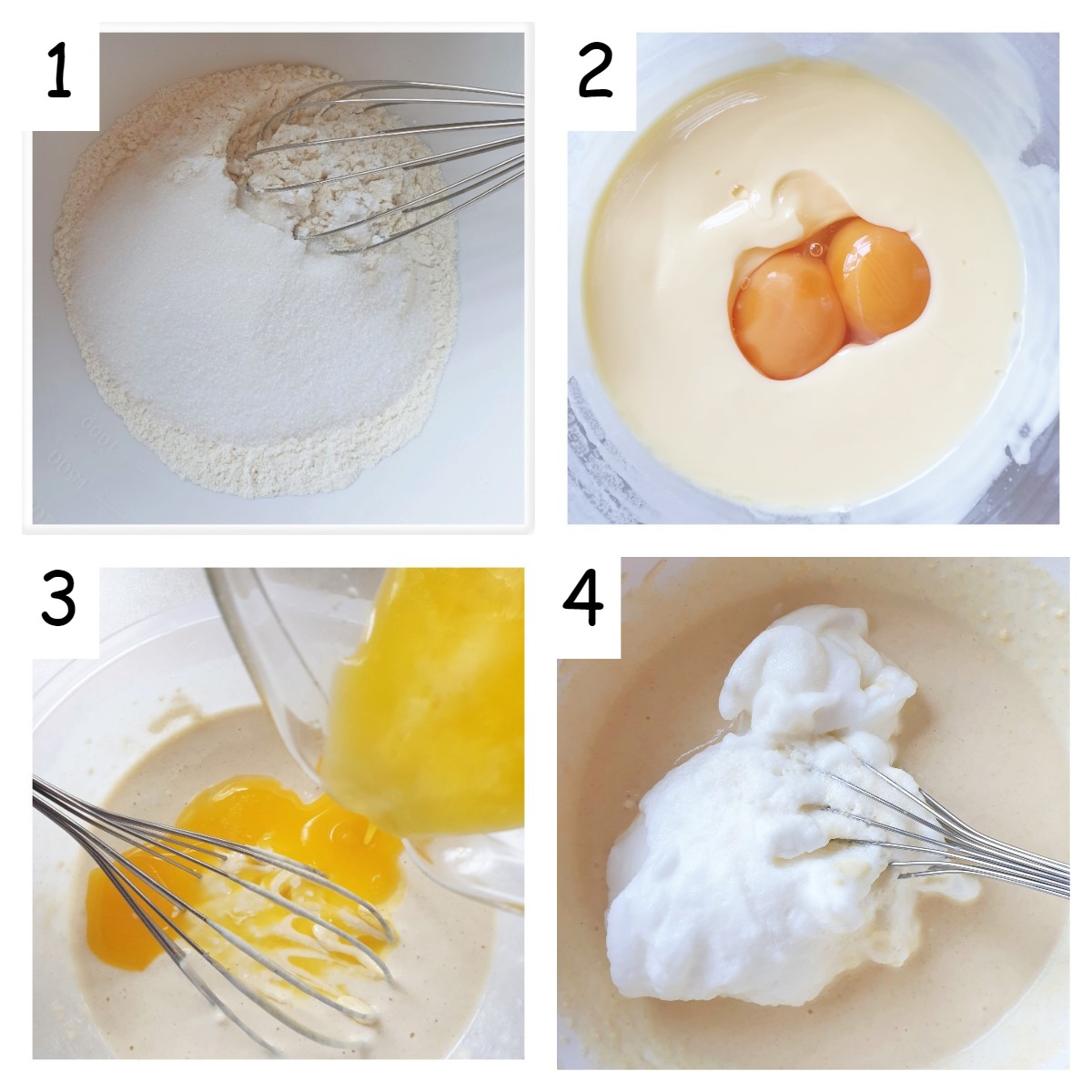 Collage of 4 images showing how to mix waffles.