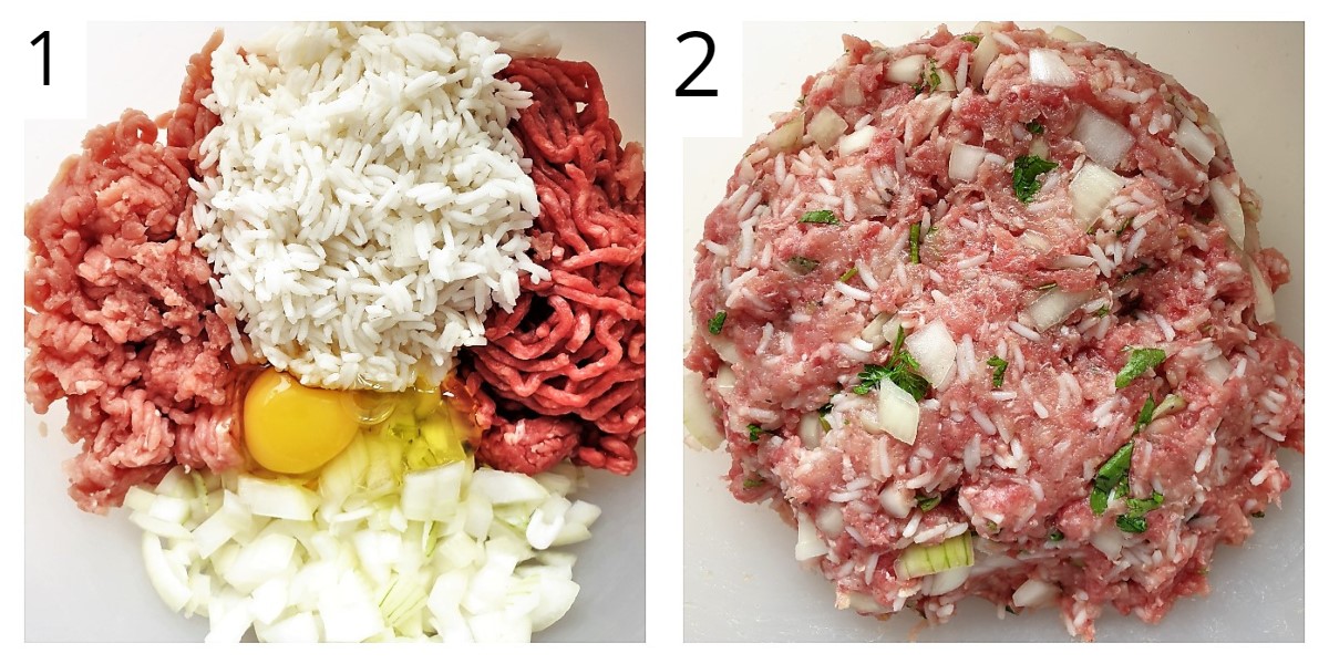 Two images showing meatballs being mixed.