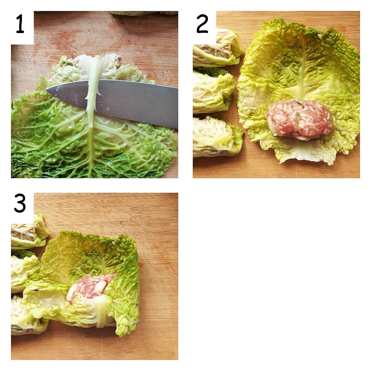 Collage of 3 images showing steps for rolling stuffed cabbage rolls.