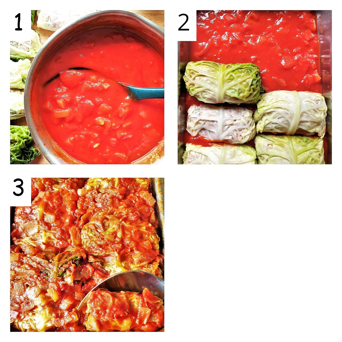 Collage of 3 images showing steps for baking stuffed cabbage rolls.