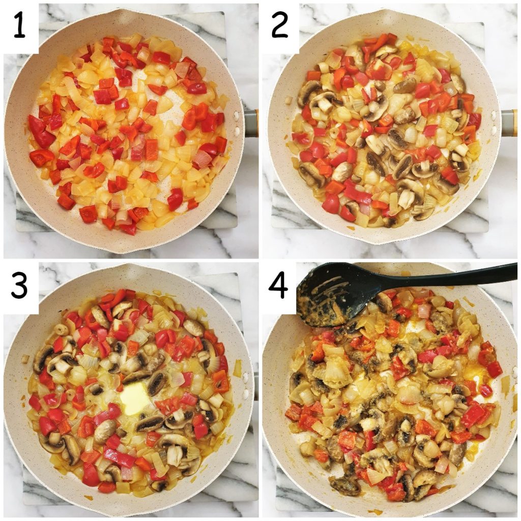 Steps for frying the vegetables.