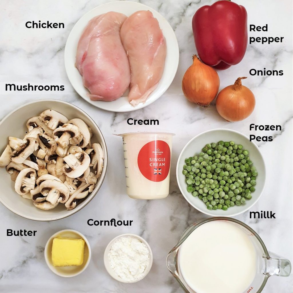 Ingredients for chicken a la king.