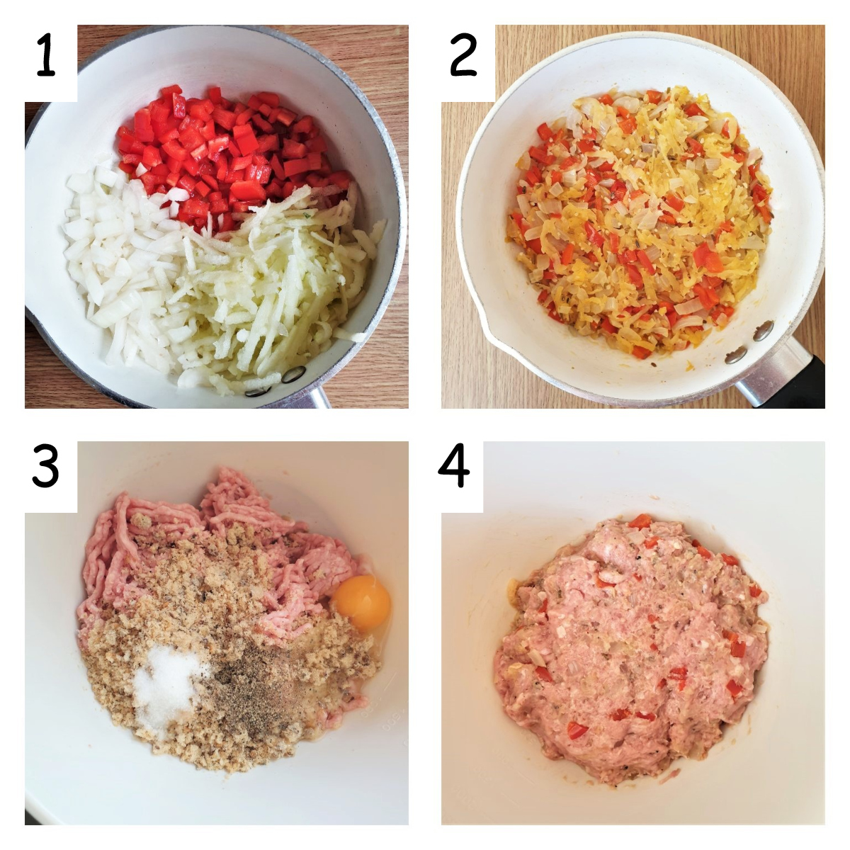 Collage of 4 images showing how to mix the filling for the sausage rolls.