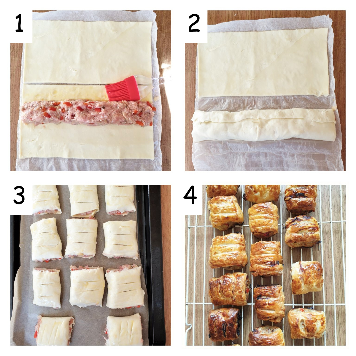 Collage of 4 images showing how to form the sausag rolls.