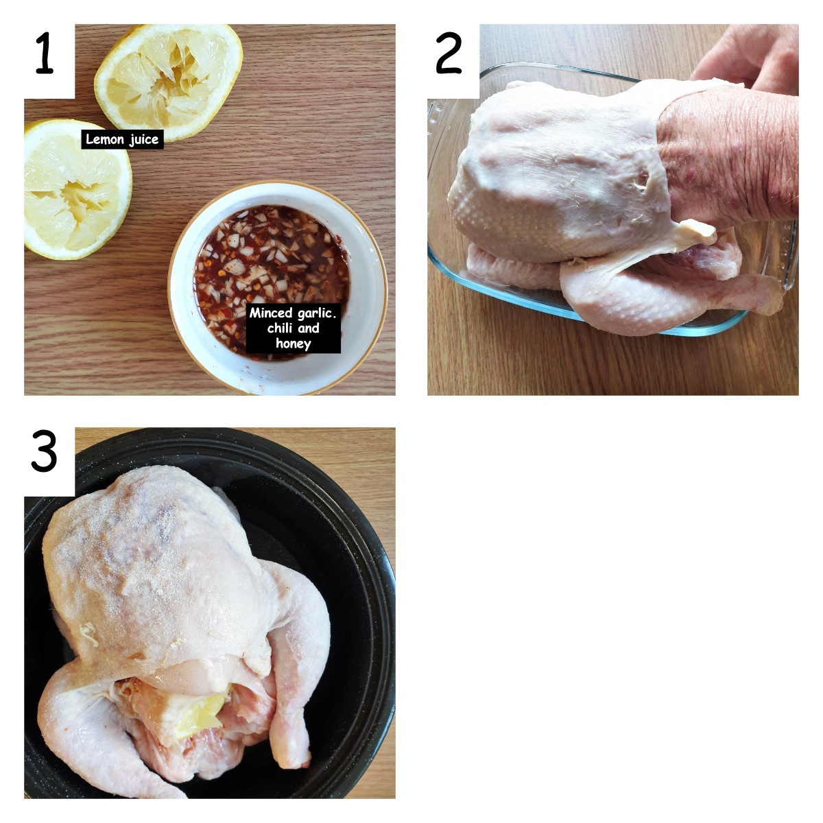 Collage of 3 images showing marinade being rubbed beneath the skin of the chicken.