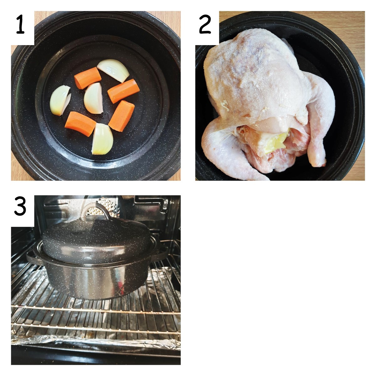 Collage of 3 images showing chicken being placed in a roasting pan and into the oven.