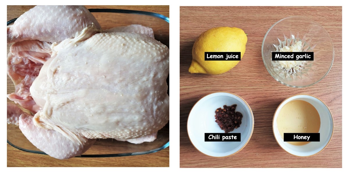 2 images showing a raw chicken and a lemon with dishes of garlic and chili.