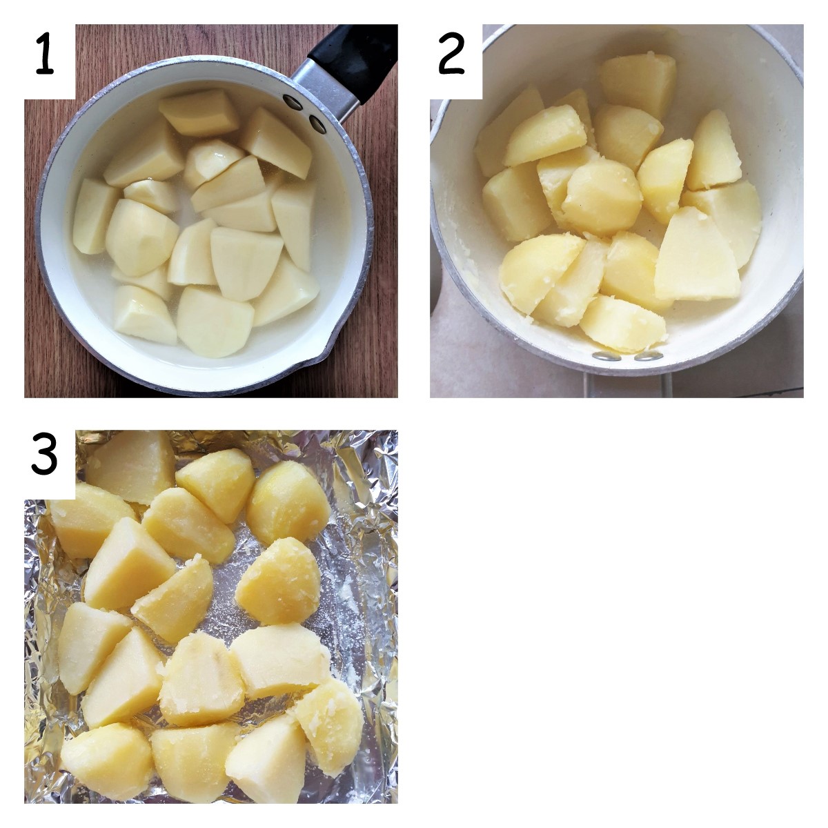 Collage of 3 images showing the stages of making crispy roast potatoes.