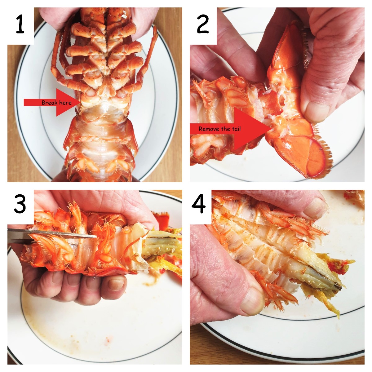 Collage of 4 images displaying how to remove the meat from the lobster tail.