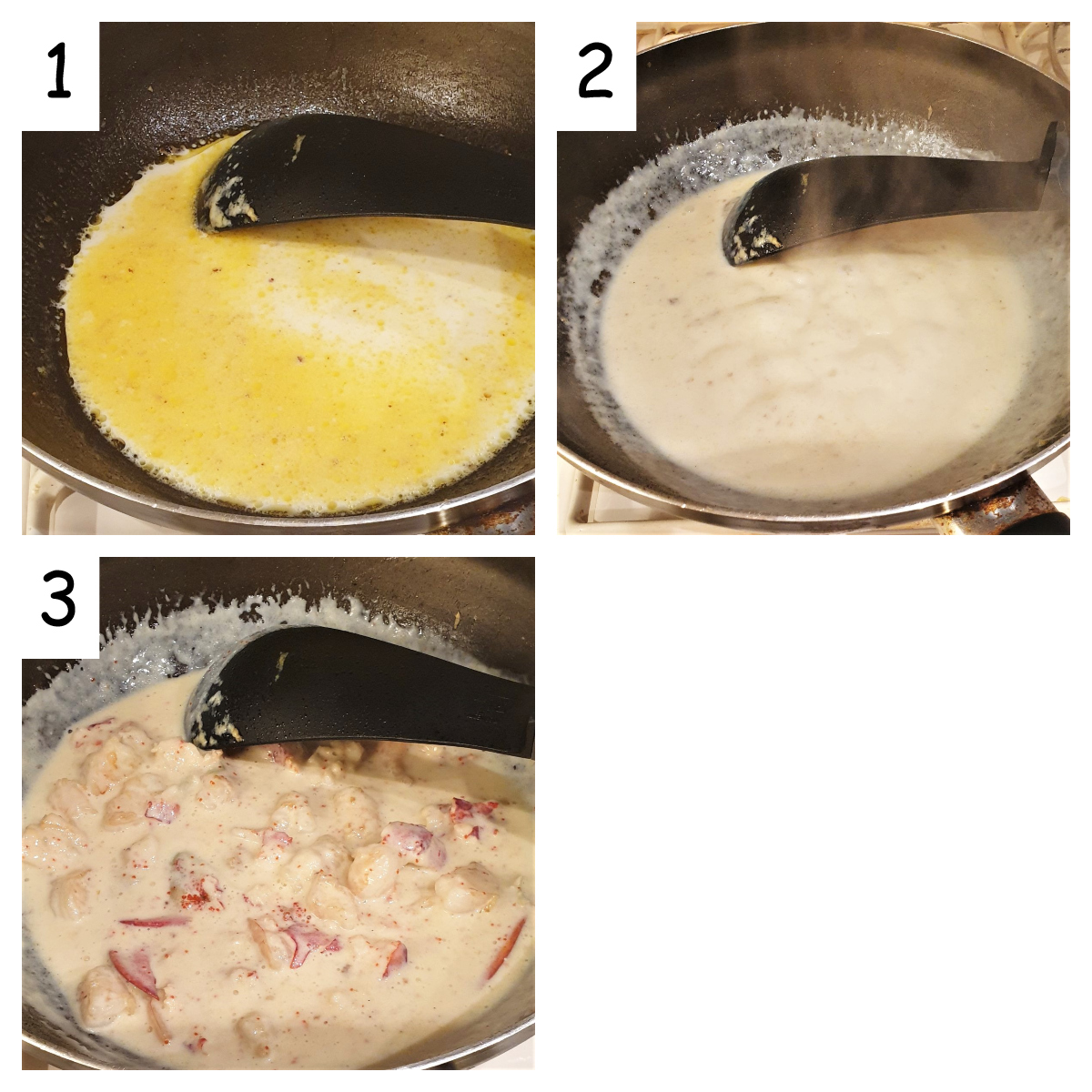 Collage of 3 images showing how to make the creamy sauce.