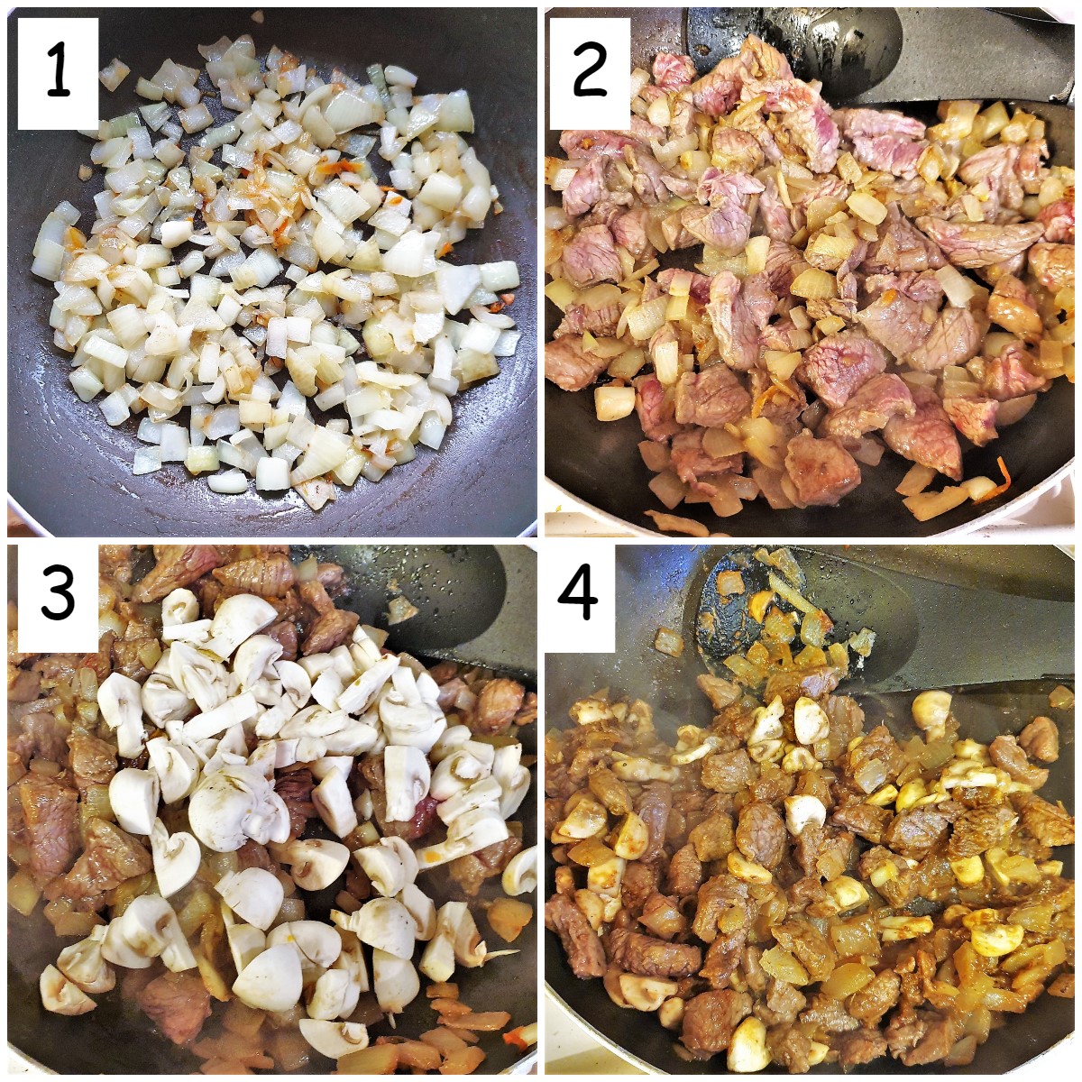 Collage of 4 images showing steps for making the beef filling.