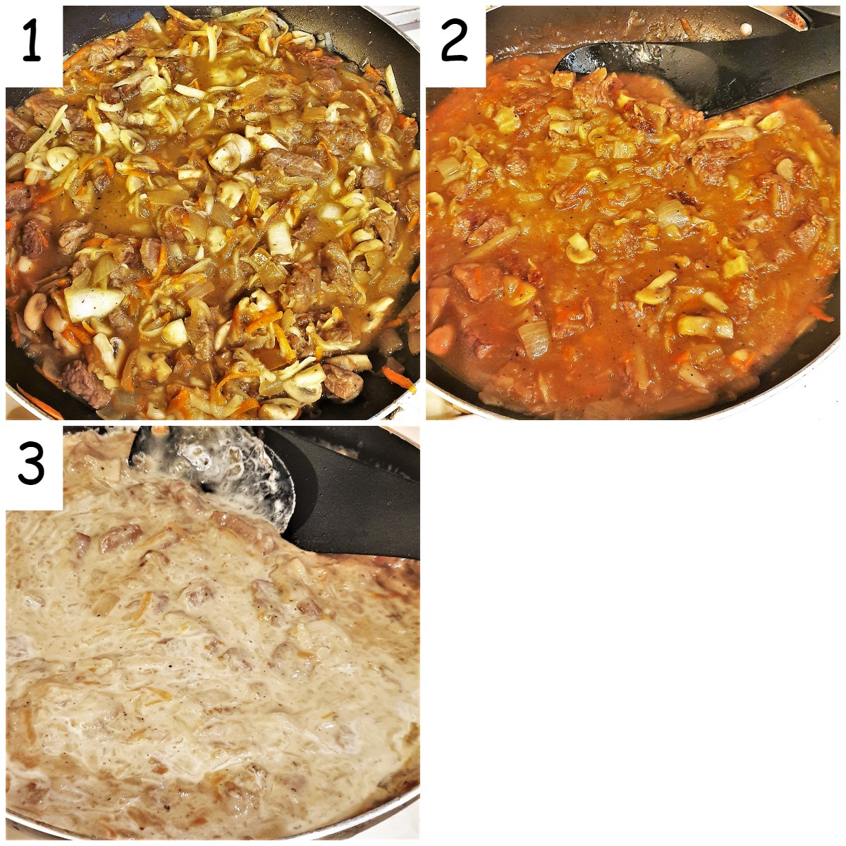 Collage of 3 images showing how to thicken the beef filling with cream.