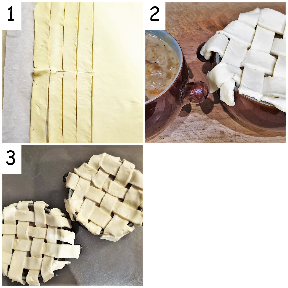 Collage of 3 images showing the pot pies being topped with pastry.