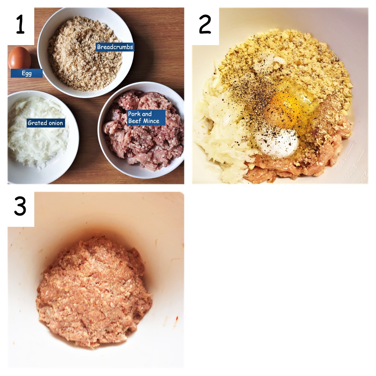 Collage showing steps to mix meatloaf.