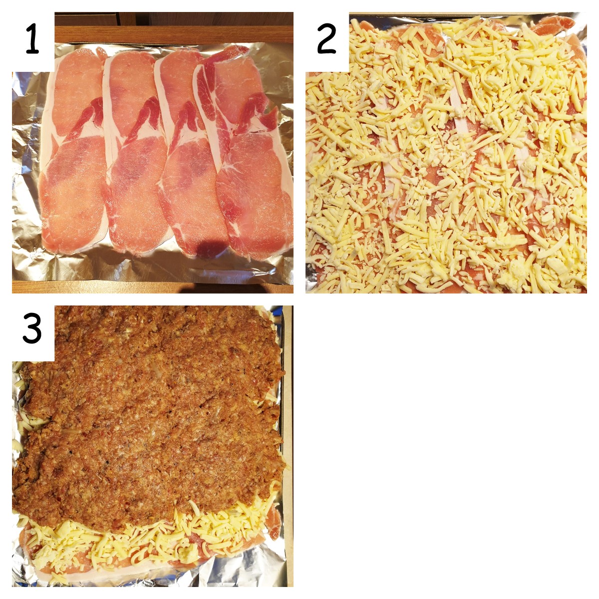 Collage showing meatloaf being rolled in cheese and bacon.