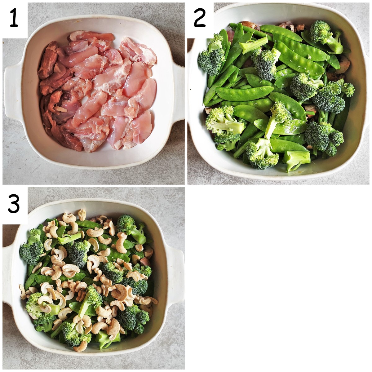 Collage of 3 images showing steps for assembling cashew chicken.