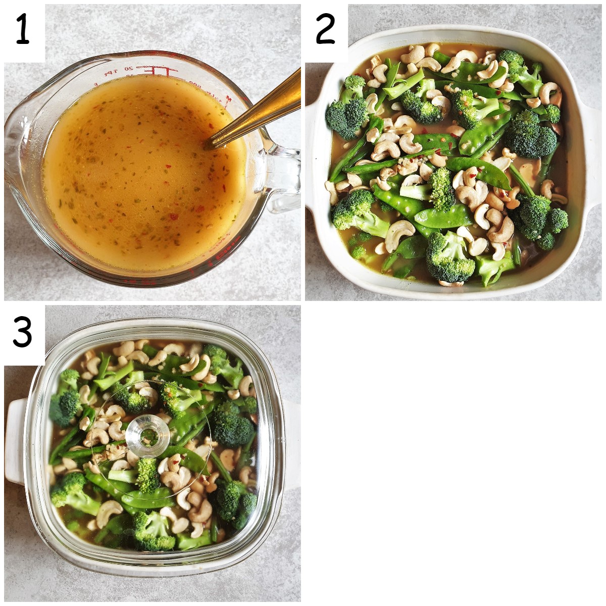 Collage of 3 images showing sauce being added to cashew chicken before it is baked.