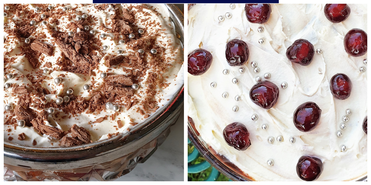 2 bowls of black forest trifle, decorated with chocolate flakes and cherries.