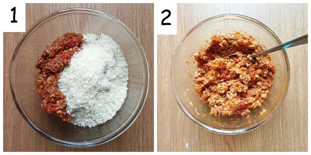 Two images showing ingredients being mixed into the filling for sausage rolls.