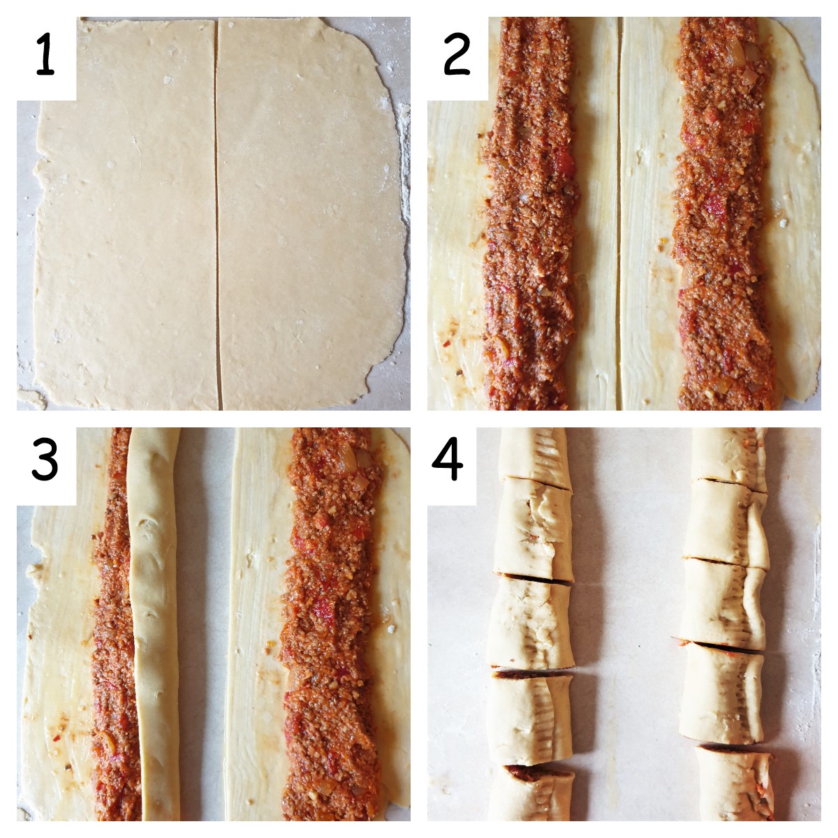 Collage of 4 images showing steps to assemble the sausage rolls.