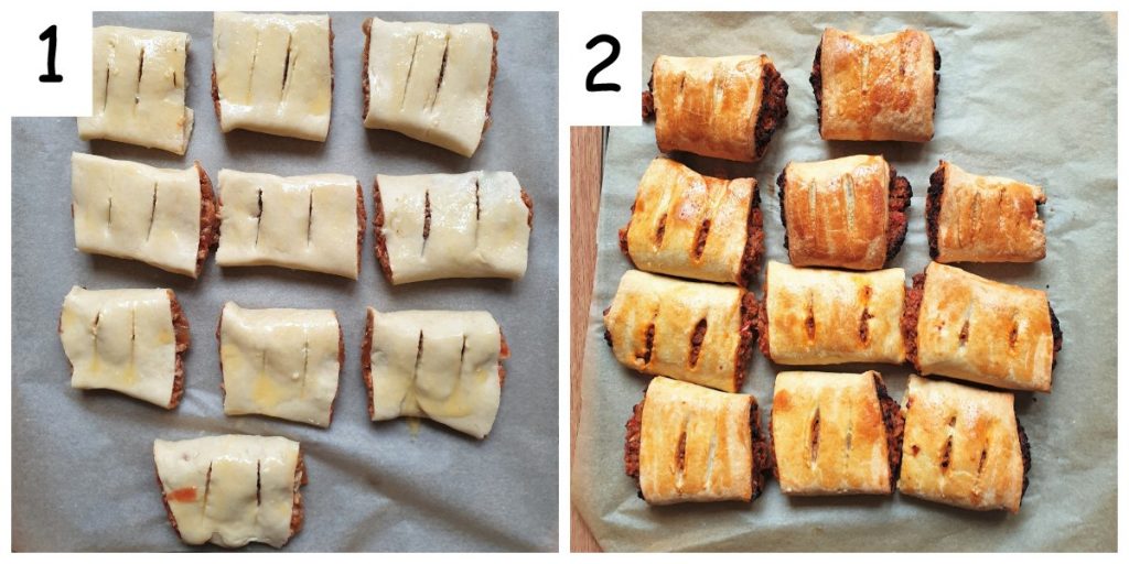 Two images, one showing a tray of unbaked sausage rolls, the other showing a tray of baked sausage rolls.