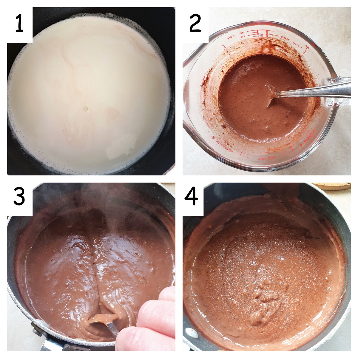 Collage showing steps to make chocolate custard.