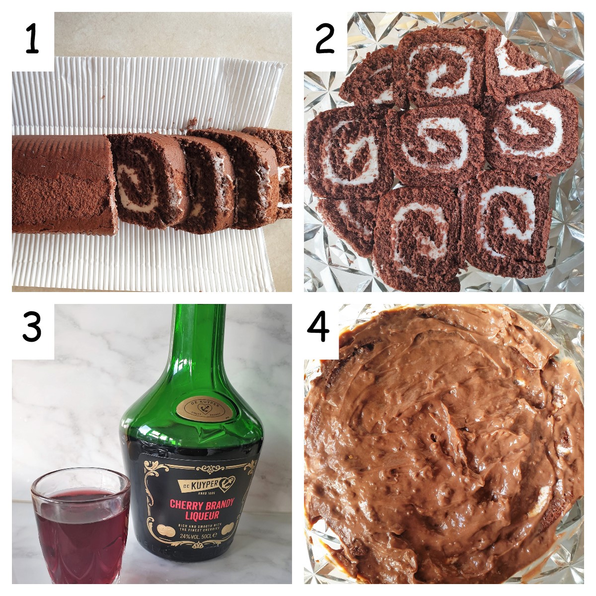 Collage showing how to form the first layer of the boozy black forest trifle.