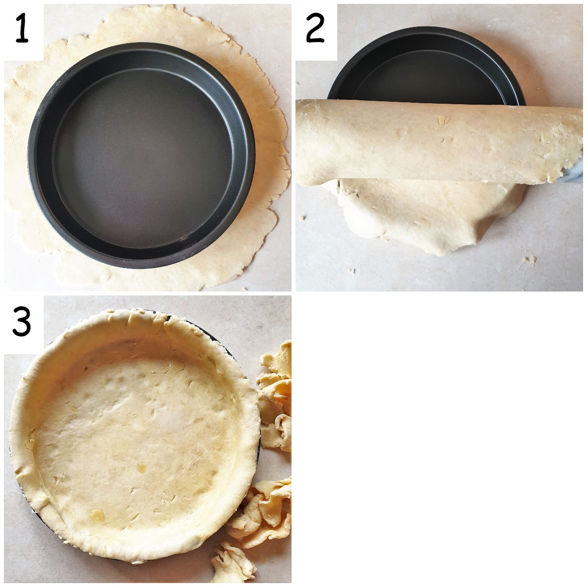 Collage of images showing how to line a baking dish with pastry.