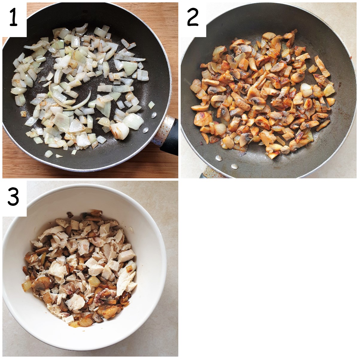 collage of 3 images showing how to prepare the filling for chicken and mushroom quiche.