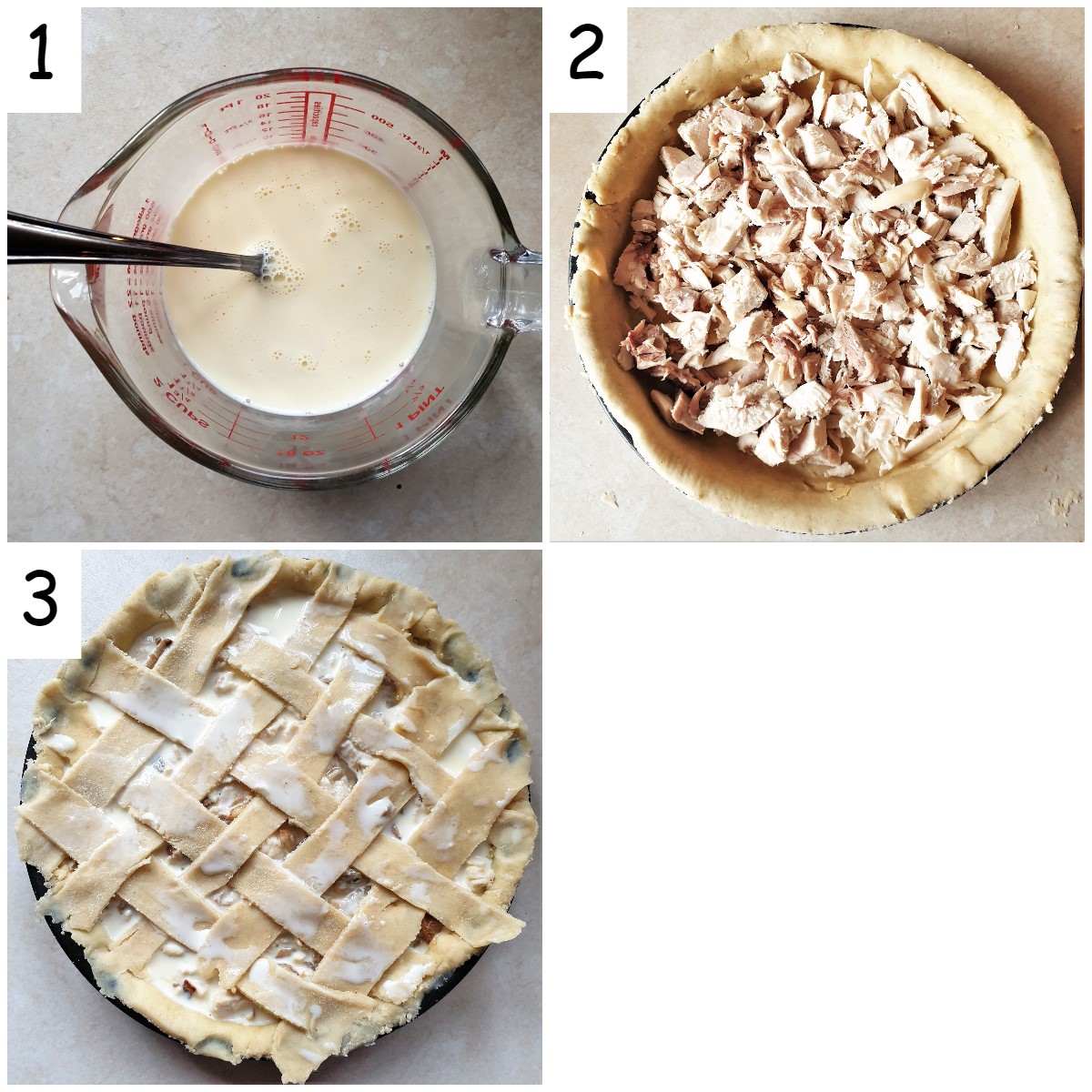 Collage of 3 images showing how to fill the pie and cover with pastry.